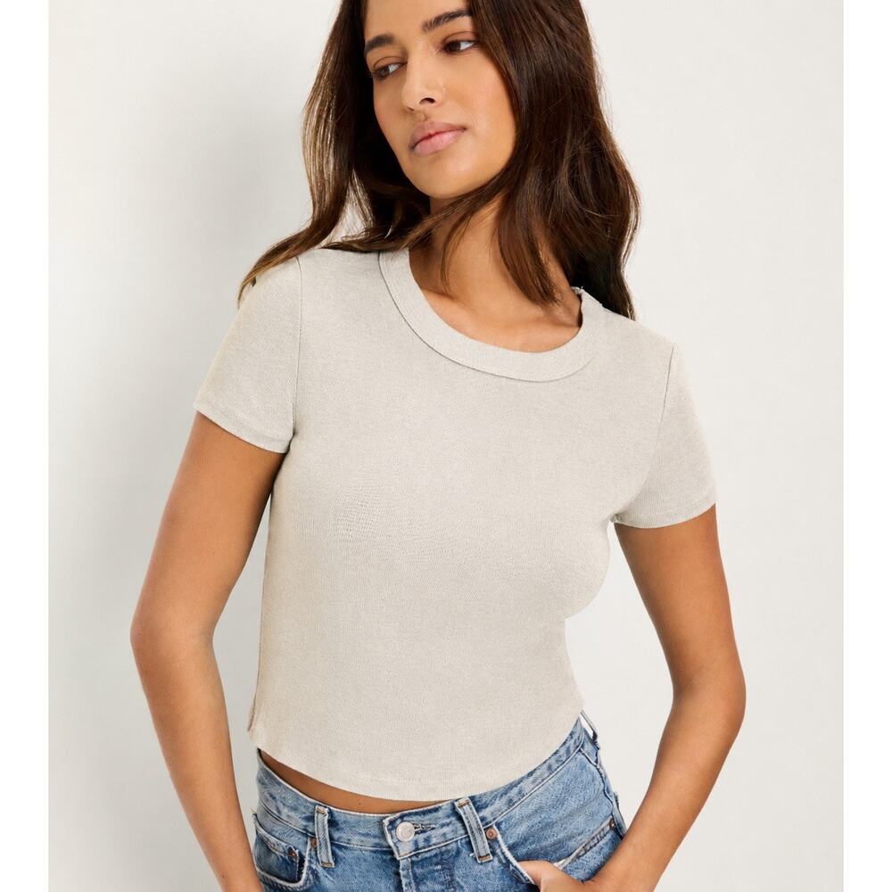 Michael Stars Ari Crop Tee Shine Cement Metallic Ribbed Tee NWT Medium